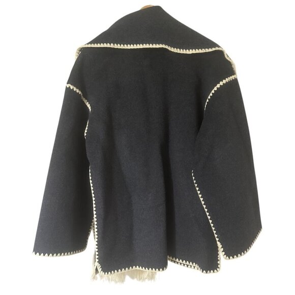 Embroidered Scarf Jacket Dark Grey Wool Size 0 Crochet Fringe Oversized Boho - Picture 4 of 9